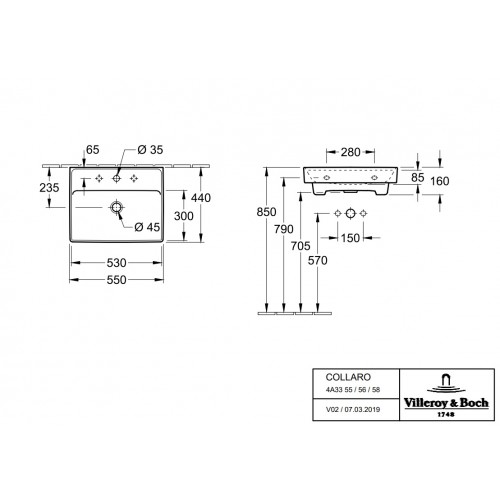 Villeroy & Boch Collaro umywalka wisząca prostokątna 55x44 Weiss Alpin 4A335601