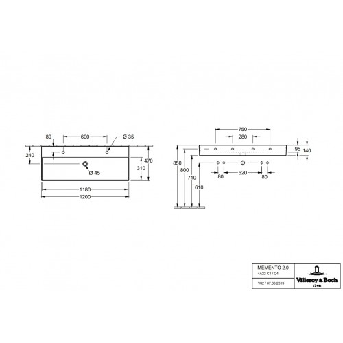 Villeroy & Boch Momento 2.0 umywalka wisząca prostokątna 120x47 Graphite CeramicPlus 4A22C1I4