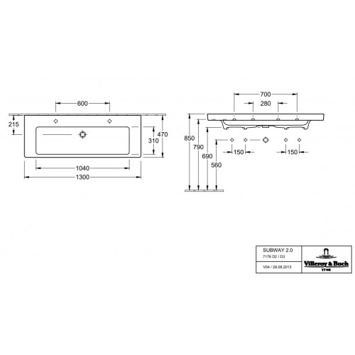 Villeroy & Boch 7176D2R1 Subway 2.0 prostokątna umywalka meblowa z przelewem 130x47 cm Weiss Alpin Ceramic Plus