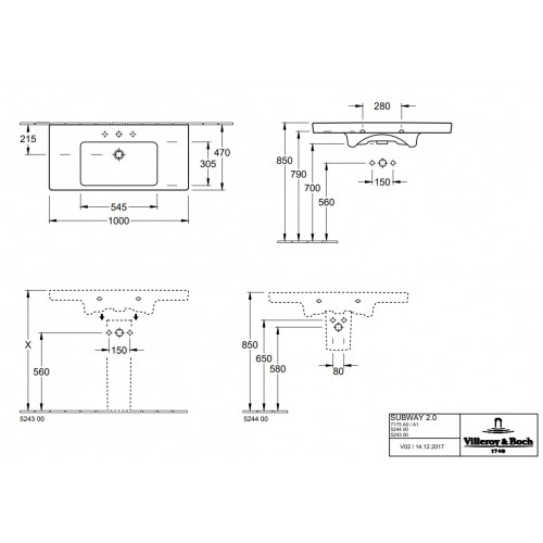 Villeroy & Boch 7175A001 Subway 2.0 prostokątna umywalka meblowa z przelewem 100x47 cm Weiss Alpin