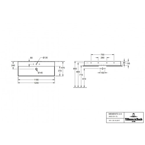 Villeroy & Boch Momento 2.0 umywalka wisząca prostokątna 120x47 Graphite CeramicPlus 4A22CLI4