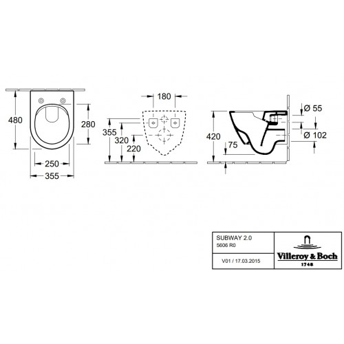 Villeroy & Boch Subway 2.0 Miska WC wisząca bezkołnierzowa 35,5x48 cm Weiss Alpin 5606R001+ deska wolnoopadająca 9M69S101