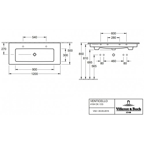 Villeroy & Boch 4104CKR1 Venticello umywalka meblowa prostokątna z przelewem 120x50 cm Weiss Alpin Ceramic Plus