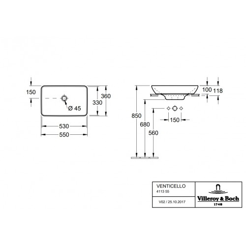 Villeroy & Boch 411355R1 Venticello umywalka prostokątna nablatowa/wpuszczana w blat 36x55 Weiss Alpin Ceramic Plus