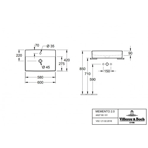 Villeroy & Boch Momento 2.0 umywalka nablatowa prostokątna 60x42 Graphite CeramicPlus 4A0760i4