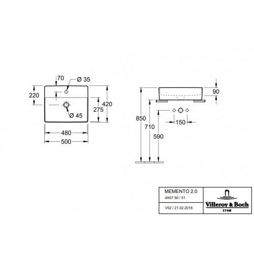 Villeroy & Boch Momento 2.0 umywalka nablatowa prostokątna 50x42 cm Graphite CeramicPlus 4A0750i4