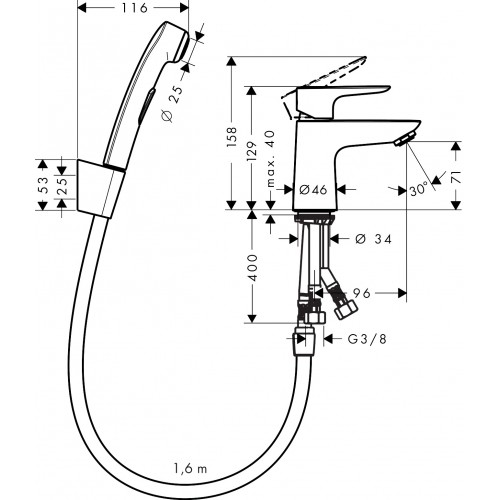 Hansgrohe 71729000 Talis E chromowana bateria umywalkowa jednouchwytowa z główką bidette i wężem 160 cm dł. wylewki 9,6 cm