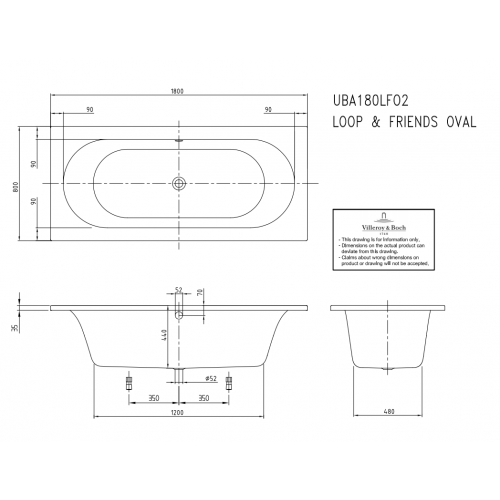 Villeroy & Boch UBA180LFO2V01 Loop & Friends wanna prostokątna przyścienna 80x180 Weiss Alpin