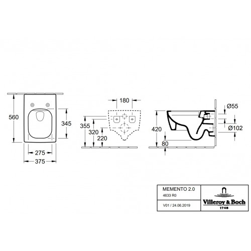 Villeroy & Boch Memento 2.0 zestaw miska WC wisząca bezkołnierzowa z deską wolnoopadającą 4633R001 + 8M24S101