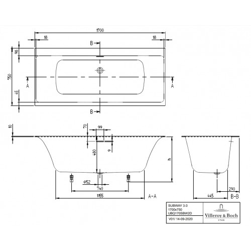 Villeroy & Boch Subway 3.0 UBQ170SBW2TDV-01 wanna prostokątna 170x75 Weiss Alpin SilentFlow