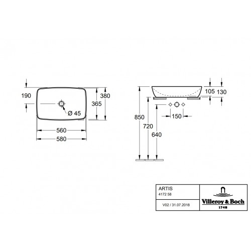 Villeroy & Boch Artis zestaw umywalka prostokątna nablatowa 58x38 + korek niezamykalny 41725801 + 68350001