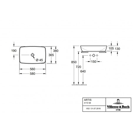 Villeroy & Boch Artis zestaw umywalka prostokątna nablatowa 58x38 + korek niezamykalny 41725801 + 68350001