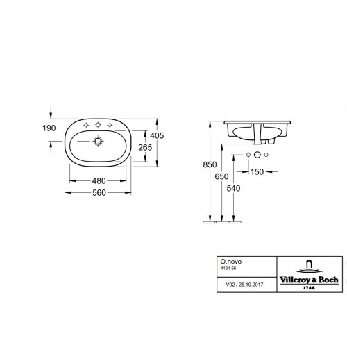 Villeroy & Boch O.Novo zestaw umywalka wpuszczana w blat 56x40,5 cm + korek push-open 41615601 + 68170001