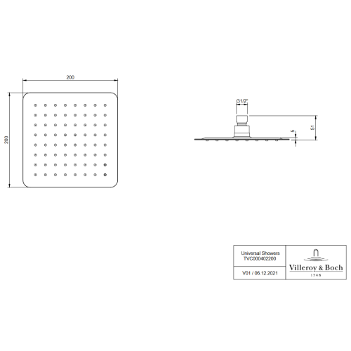 VILLEROY & BOCH UNIVERSAL SHOWERS DESZCZOWNICA KWADRATOWA 20x20 CHROM TVC00040220061