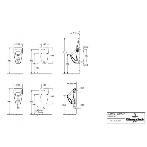 Villeroy & Boch 751301RW Subway 2.0 pisuar z otworem na pokrywę 28,5x53,5x31,5 cm Stone White Ceramic Plus Titan Glaze