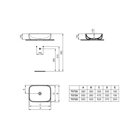 Ideal Standard I.LIFE B UMYWALKA 55x40 STAWIANA NA BLACIE PROSTOKĄT BEZ PRZELEWU BIAŁA T572801