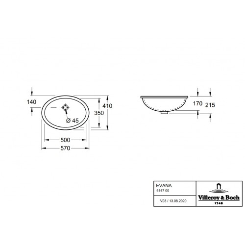 Villeroy & Boch 61470001 Evana umywalka podblatowa z przelewem 50x35 cm Weiss Alpin