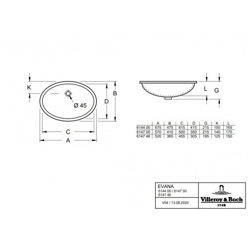 Villeroy & Boch 614746R1 Evana umywalka podblatowa z przelewem 45,5x30,5 cm Weiss Alpin Ceramic Plus