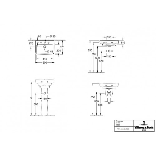 Villeroy & Boch 43445101 O.Novo umywalka wisząca bez przelewu 50x37 cm Weiss Alpin