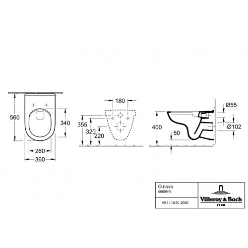 Villeroy & Boch 5660HRR1 O.Novo Combi-Pack: toaleta podwieszana bezkołnierzowa + deska sedesowa 56x36 Weiss Alpin Ceramic Plus