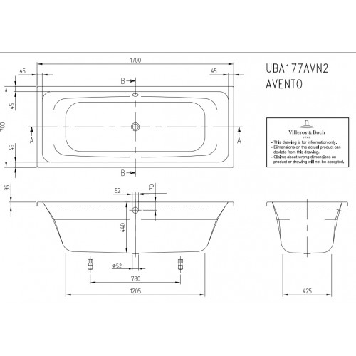 Villeroy & Boch UBA177AVN2V01 Avento Duo wanna 170x70x44 cm Weiss Alpin