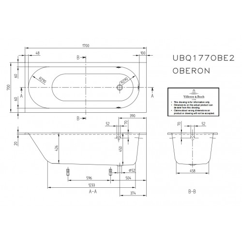 Villeroy & Boch UBQ177OBE2V01 Oberon Solo wanna 170x70x45 cm Weiss Alpin