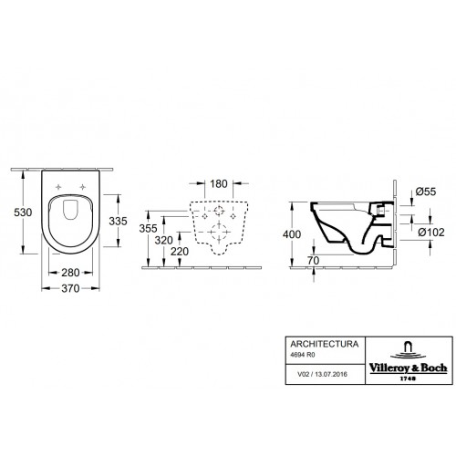 Villeroy & Boch Architectura miska WC wisząca lejowa bezkołnierzowa 37x53 Weiss Alpin 4694R001